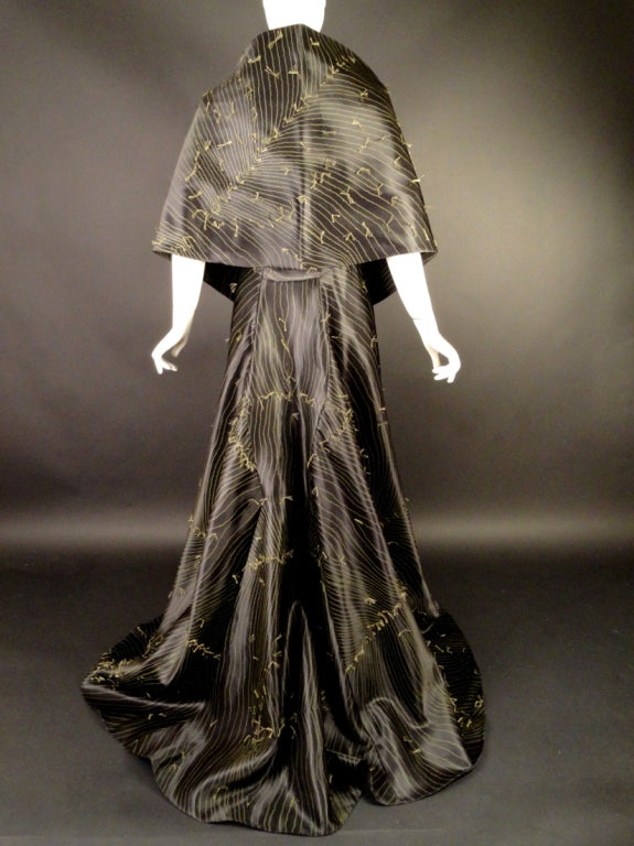 Fall, 2002 Chado Haute Couture Black & Sage Satin Print Evening Gown & Stole 2