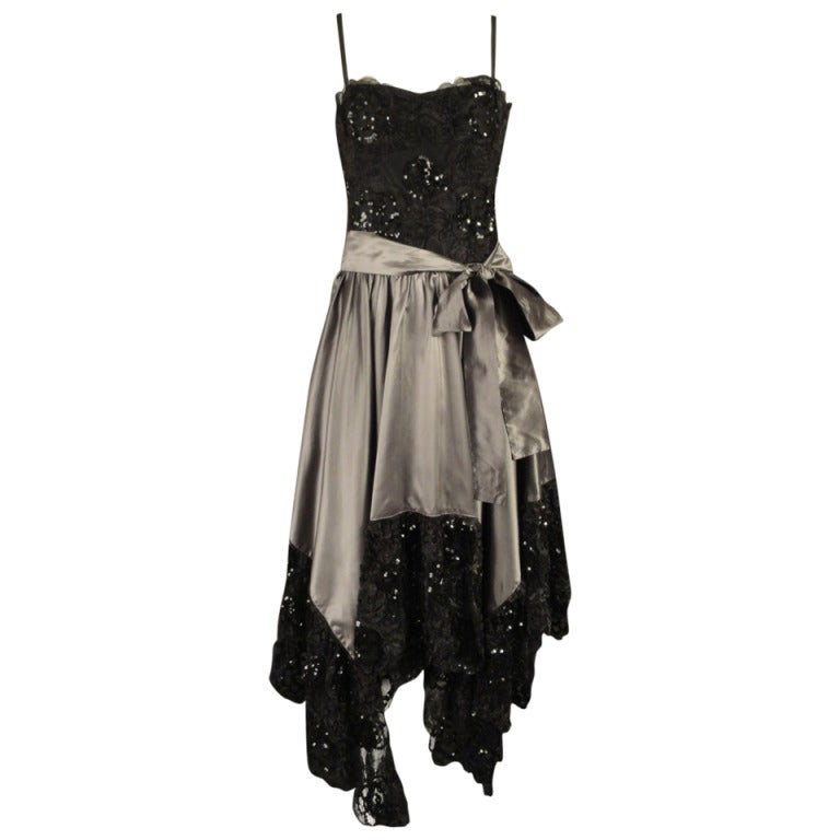 1970s Yves Saint Laurent Taffeta & Lace Gown & Stole For Sale