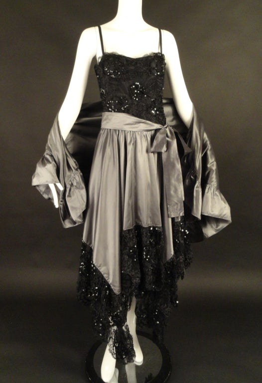 1970s Yves Saint Laurent Taffeta & Lace Gown & Stole For Sale 1