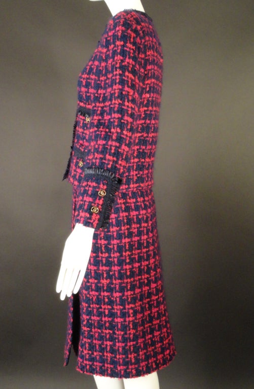 Women's 1980s Chanel Navy & Fuchsia Tweed Suit