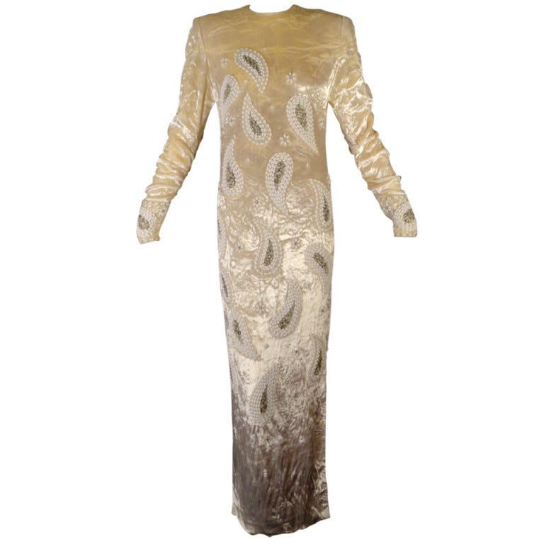 1980s Galanos Ivory Beaded Velvet Evening Gown