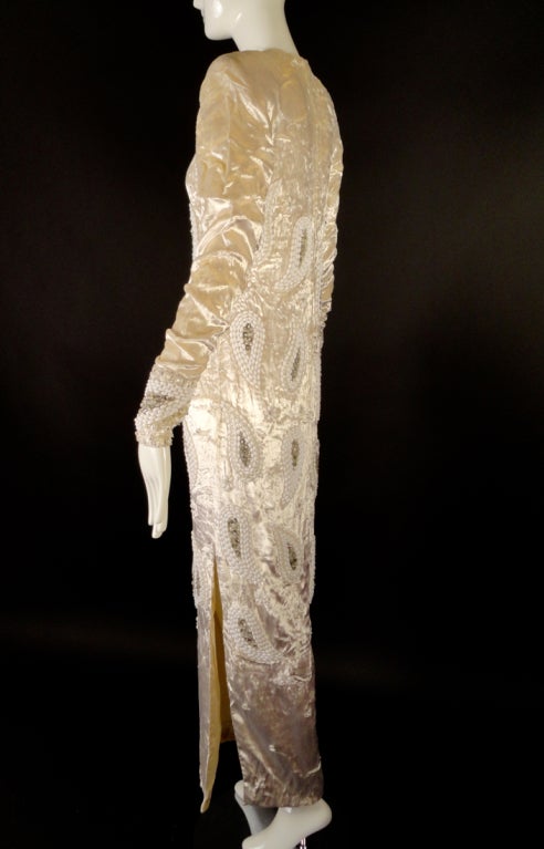 1980s Galanos Ivory Beaded Velvet Evening Gown 1