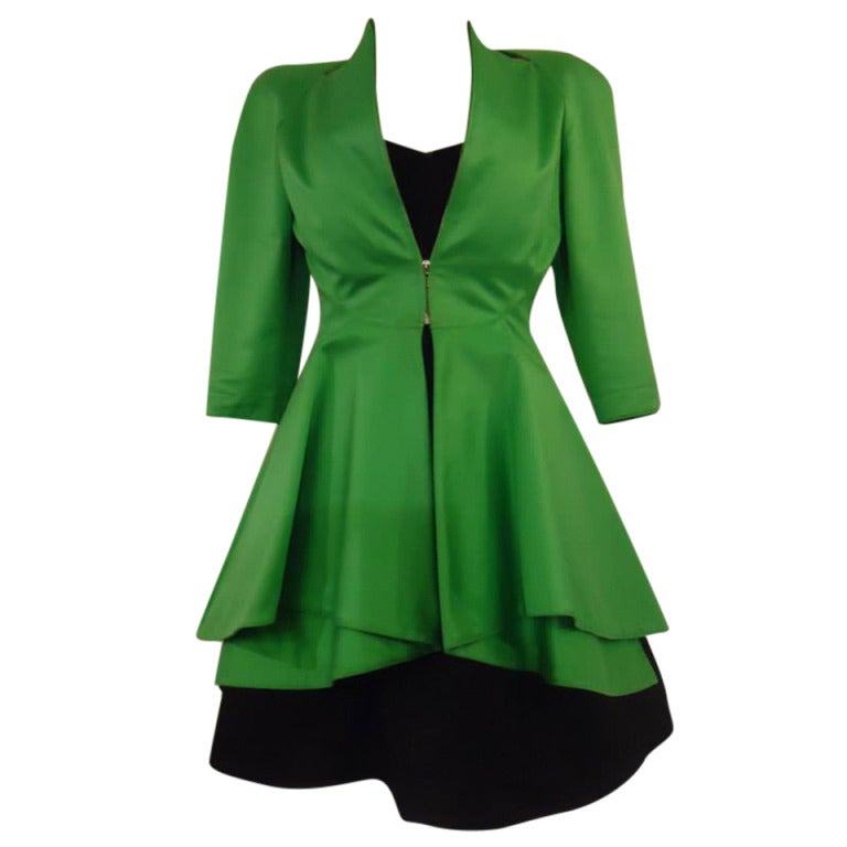 Claude Montana Paris Grüner Mantel und schwarzes Kleid, 1980er Jahre 