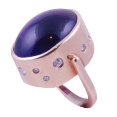 Modernist Cabochon Amethyst and Diamond 18k Ring