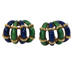 Vintage Schlumberger for Tiffany Blue & Green Enamel Ear Clips