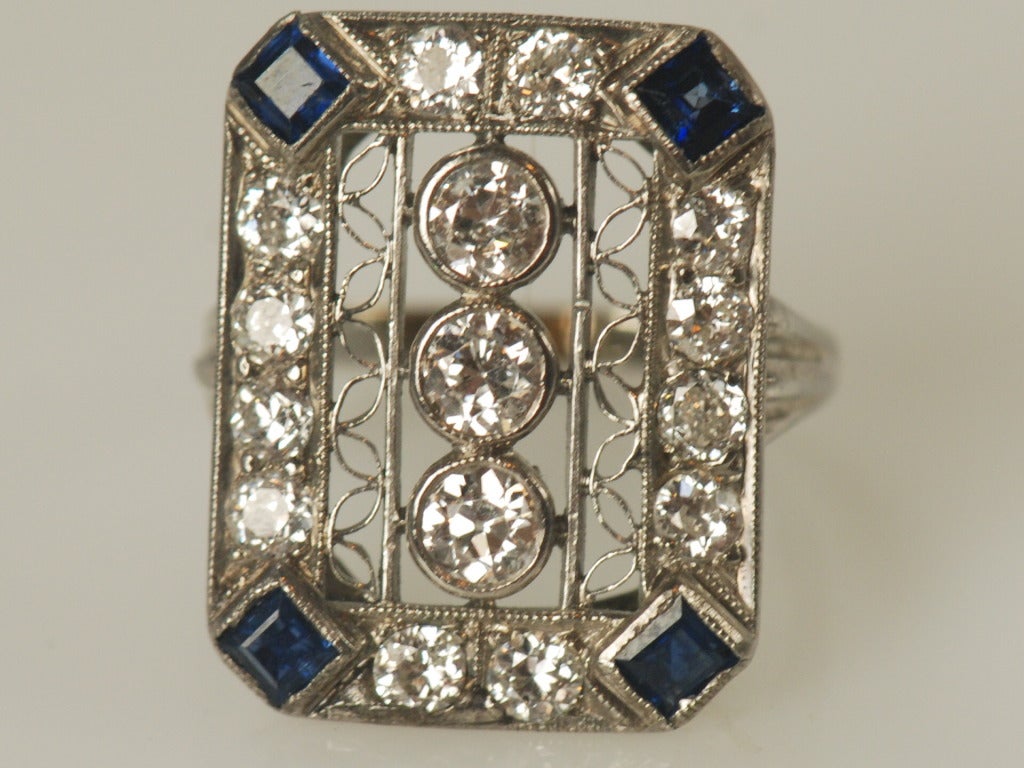 Antique Diamond, Sapphire and Platinum Ring In Excellent Condition In New York , NY