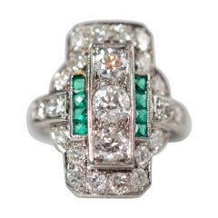 Emerald Diamond Platinum Art Deco RIng