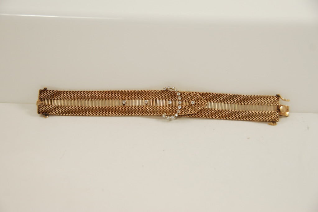 1940s Retro Diamond Gold Buckle Bracelet In Excellent Condition In New York , NY