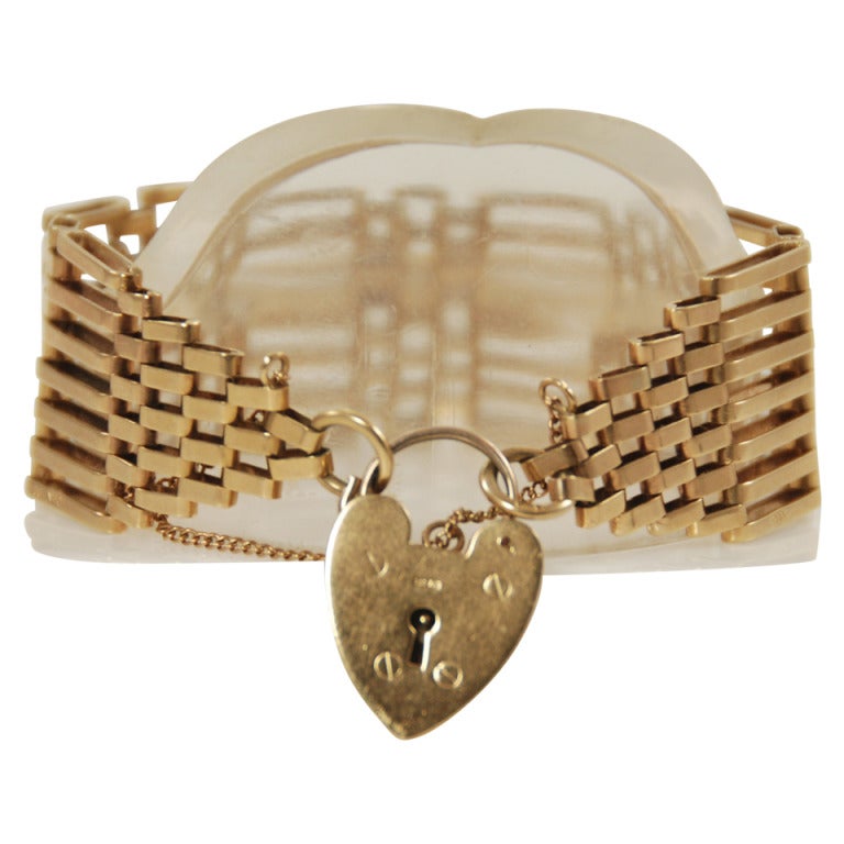 English Gold Gate Link Bracelet with Heart Lock Clasp