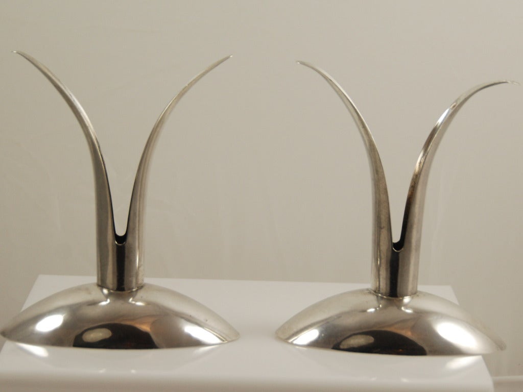 Mid-century, organic form sterling silver, handmade candlesticks circa 1960 by Alfredo Sciarrotta (1907-1985) for Black, Starr & Gorham. Sciarrotta worked in Newport, Rhode Island as a silversmith and was commissioned by Black, Starr and Gorham for