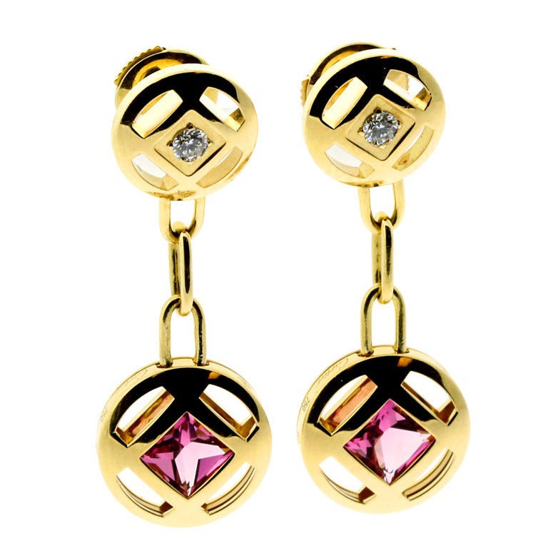Cartier Pasha Pink Sapphire Diamond Yellow Gold Earrings
