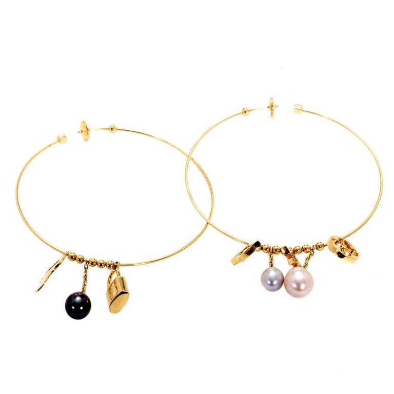 Louis Vuitton Gold, Cultured Pearl and Charm Hoop Earrings , Contemporary Jewelry