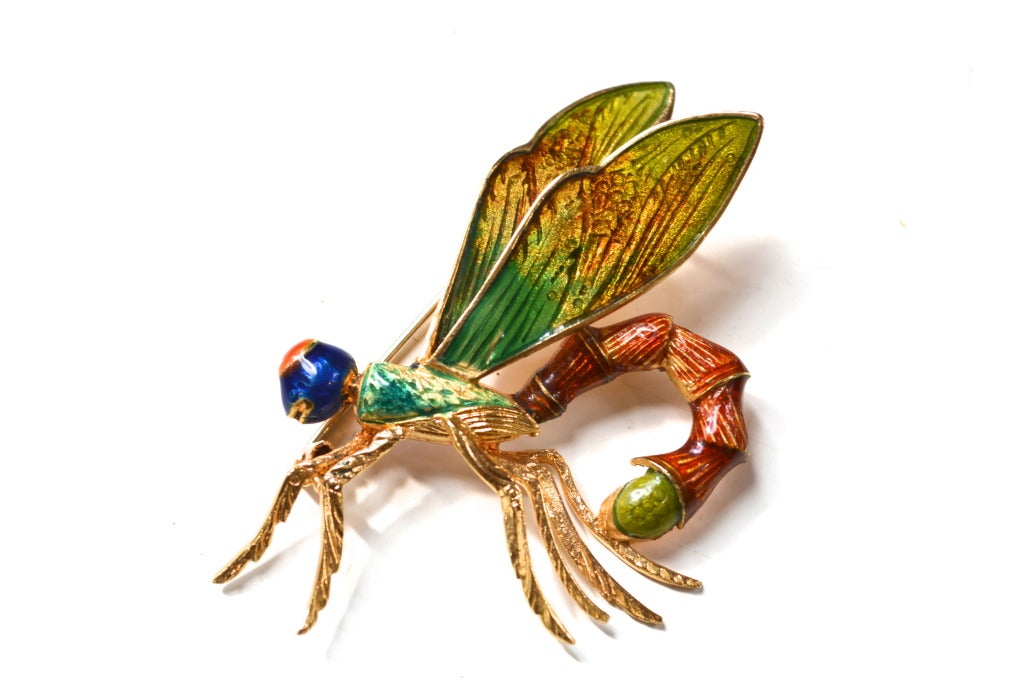 Whimsical 18k yellow gold and enamel Italian dragonfly brooch. Marked. Tested 18k white gold on the pin as well.
