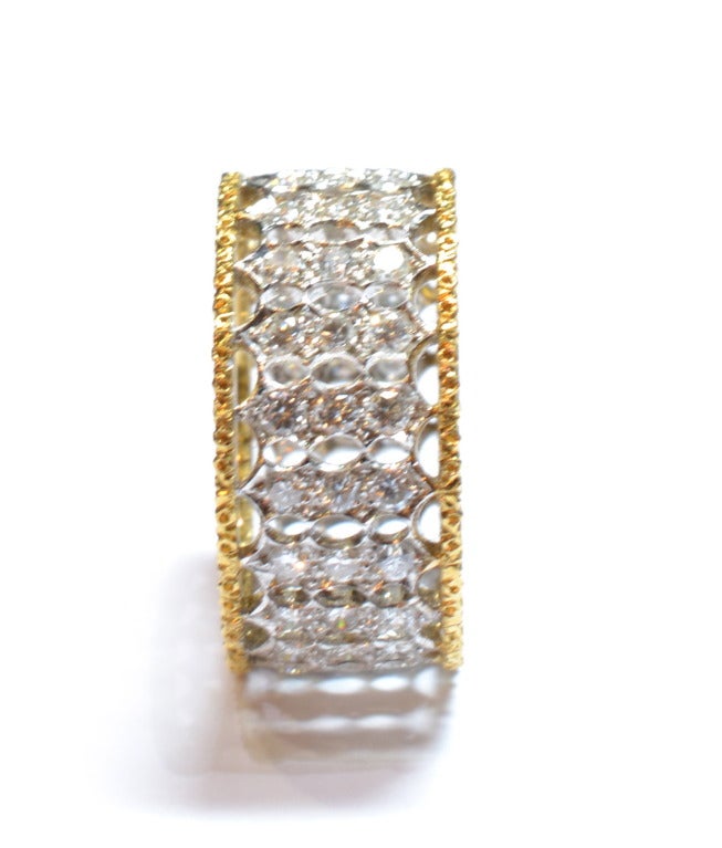 Lovely Mario Buccellati 18k yellow and white gold diamond band ring
60 diamomds for 1.48 ct.
Signed M. Buccellati.
Coming with certificate and original box
size 7