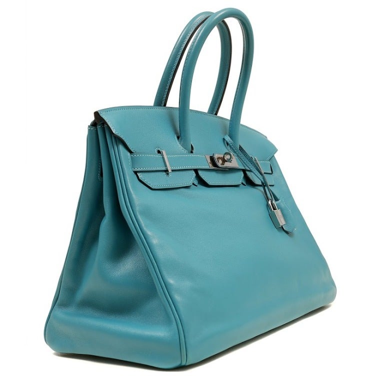 Blue Hermes Turquoise Swift Leather Birkin Bag 35 cm