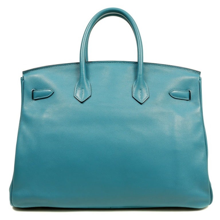 Hermes Turquoise Swift Leather Birkin Bag 35 cm In Excellent Condition In Malibu, CA