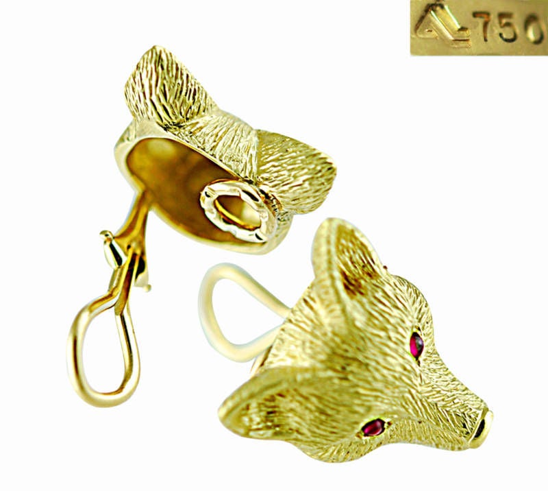 Lipten Gold Ruby Eyes Fox Head Earrings Earclips For Sale 1