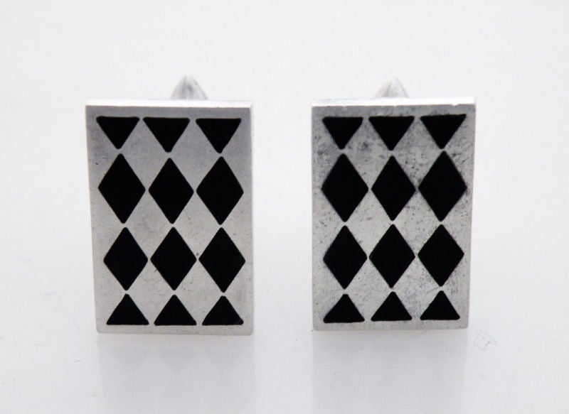 Mexican Pineda Sterling Silver Obsidian Diamond Checkered Cufflinks 1955