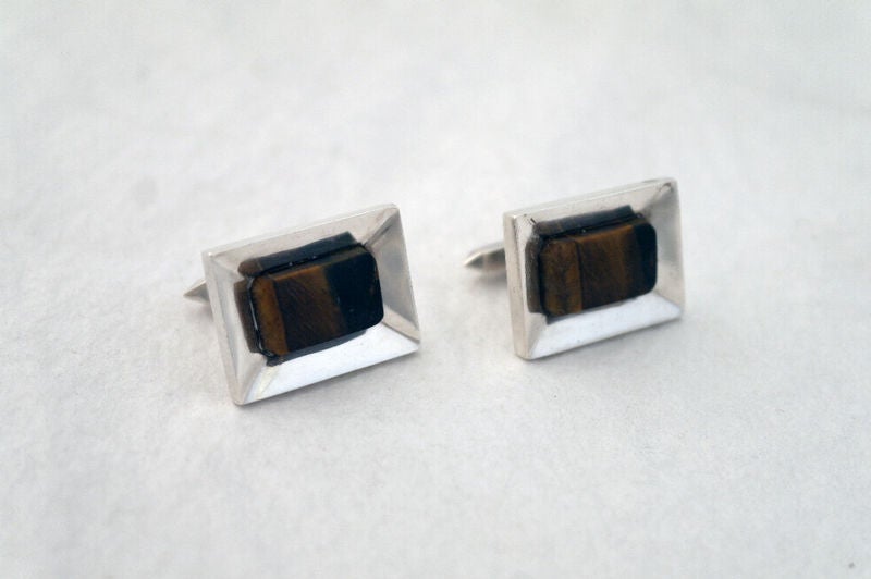 ANTONIO PINEDA Rare Sterling Silver Tiger Eye Cufflinks 1955