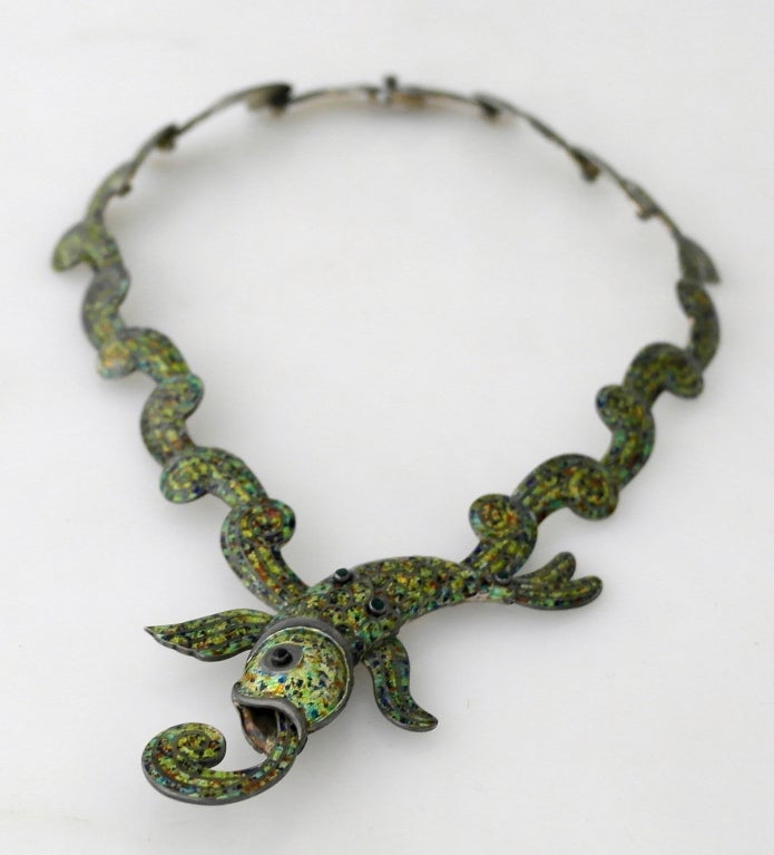 Margot de Taxco Sterling Silver & Enamel Koi Fish Necklace In Excellent Condition For Sale In New York, NY