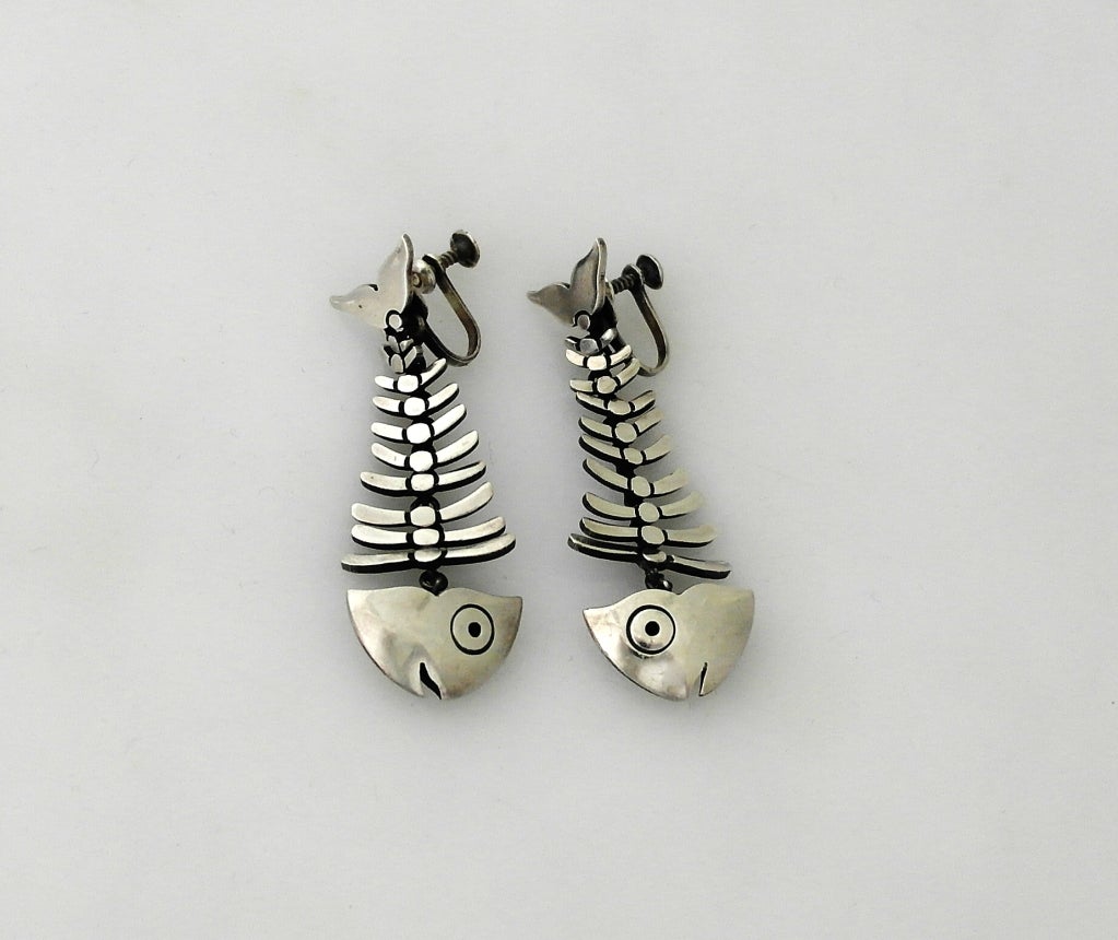 Antonio Pineda Taxco Sterling Silver Fish Earrings In Excellent Condition In New York, NY