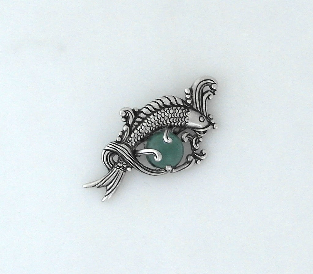 Large Los Castillo Sterling Silver Modernist Fish Pin Aqua Glass In Excellent Condition In New York, NY