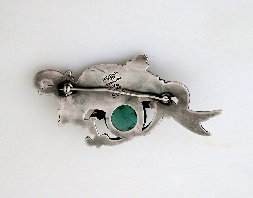 Large Los Castillo Sterling Silver Modernist Fish Pin Aqua Glass 1