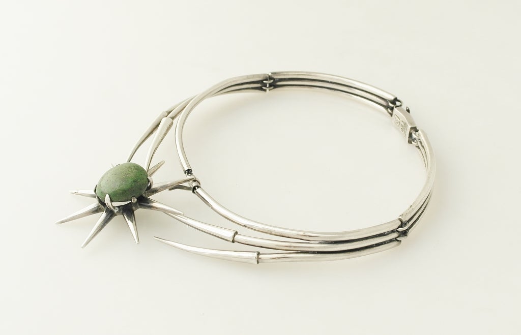 Salvador Teran Sterling Silver Jade Modernist Starburst Necklace For Sale 1