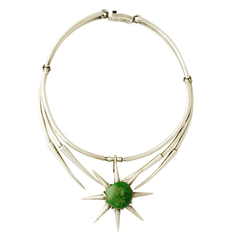 Salvador Teran Sterling Silver Jade Modernist Starburst Necklace For Sale