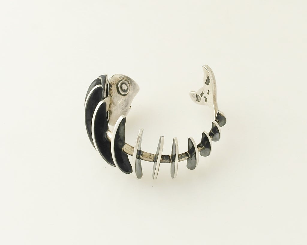 Women's Antonio Pineda .970 Silver 3-D Skeletal Fish Cuff Bracelet For Sale