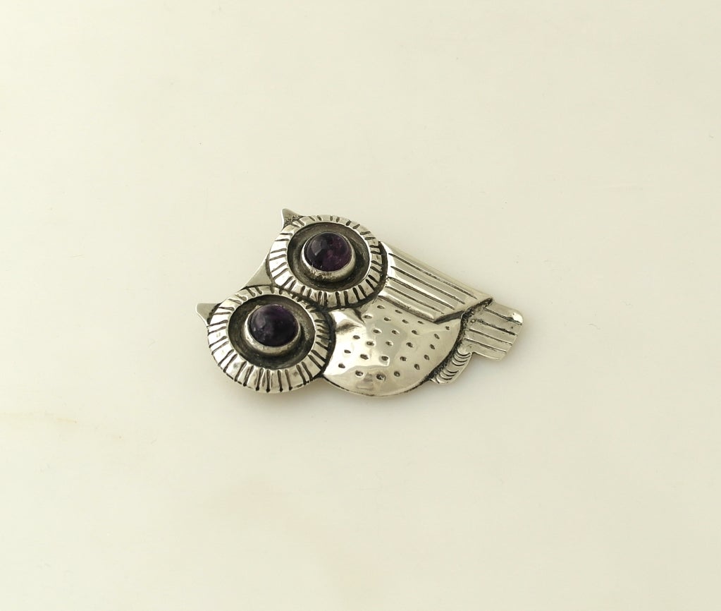 Women's William Spratling Iconic Sterling Silver & Amethyst Owl Pin 1948