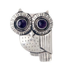 William Spratling Iconic Sterling Silver & Amethyst Owl Pin 1948