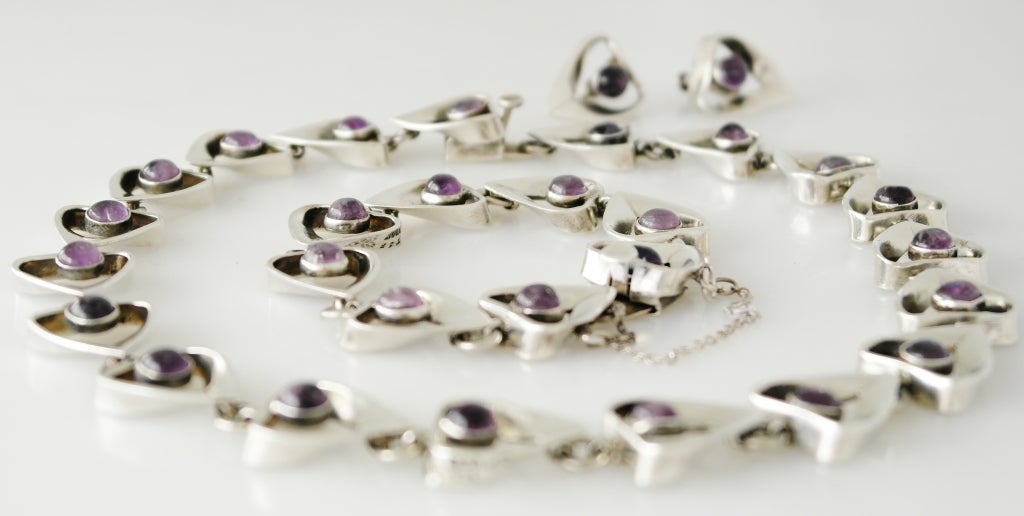 Women's Emma Melendez Taxco Sterling Silver & Amethyst Parure 1960 For Sale