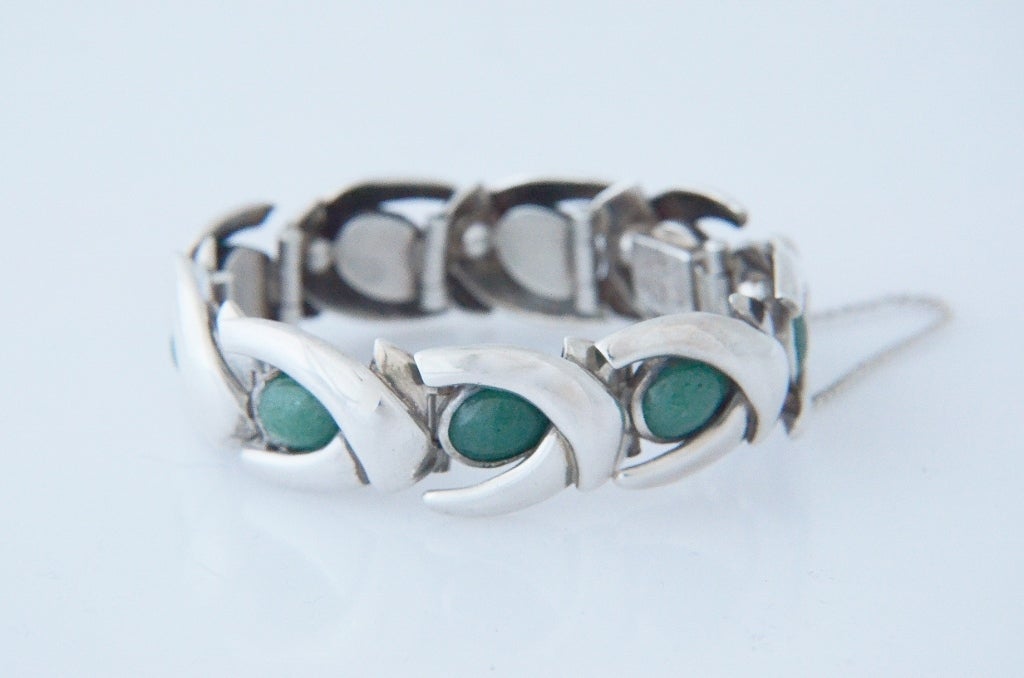 Antonio Pineda Sterling .970 Silver Cabochon Jade Bracelet 1960
