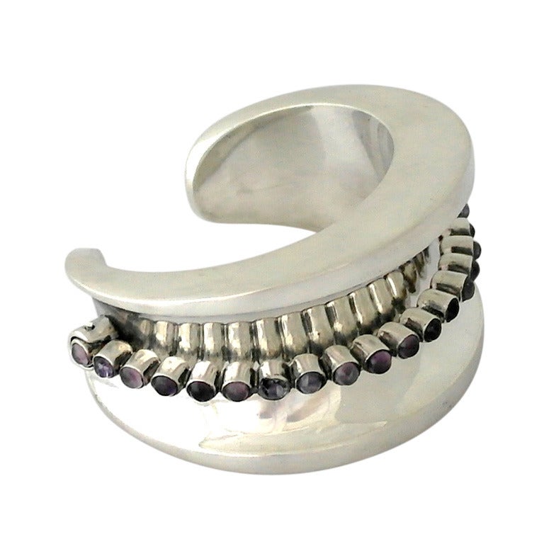 Antonio Pineda Amethyst .970 Silver Wide Cuff Bracelet For Sale