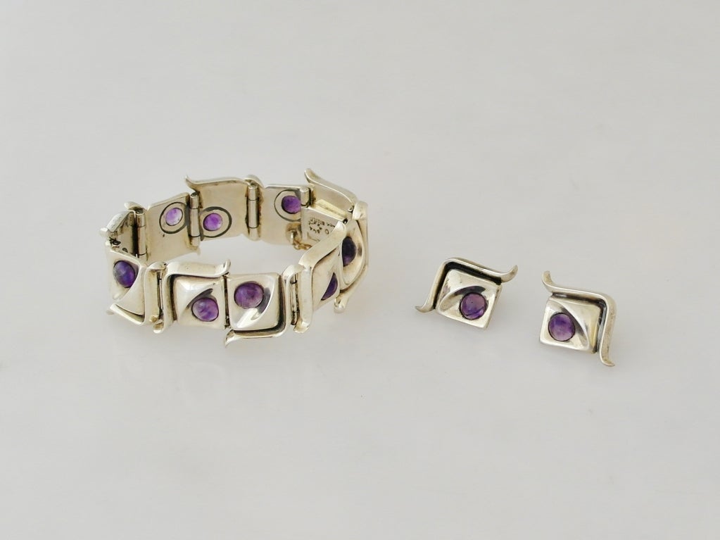 Modernist Taxco .970 Amethyst Silver Necklace Bracelet and Earring Set In Excellent Condition For Sale In New York, NY