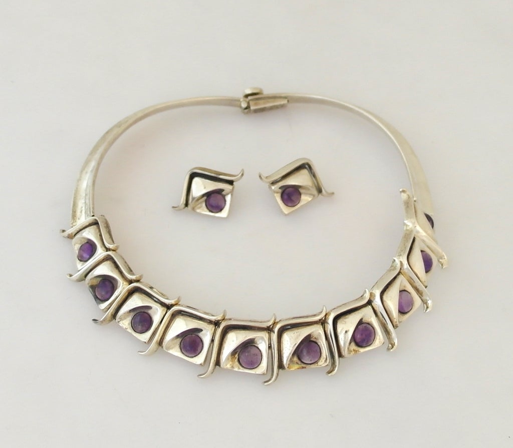 Women's Modernist Taxco .970 Amethyst Silver Necklace Bracelet and Earring Set For Sale