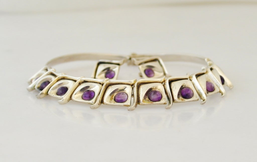 Modernist Taxco .970 Amethyst Silver Necklace Bracelet and Earring Set For Sale 1