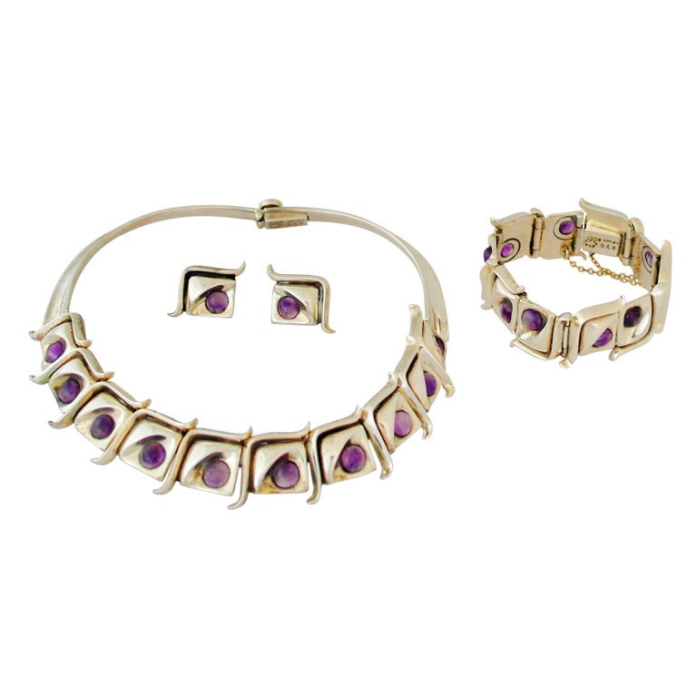 Modernist Taxco .970 Amethyst Silver Necklace Bracelet and Earring Set For Sale