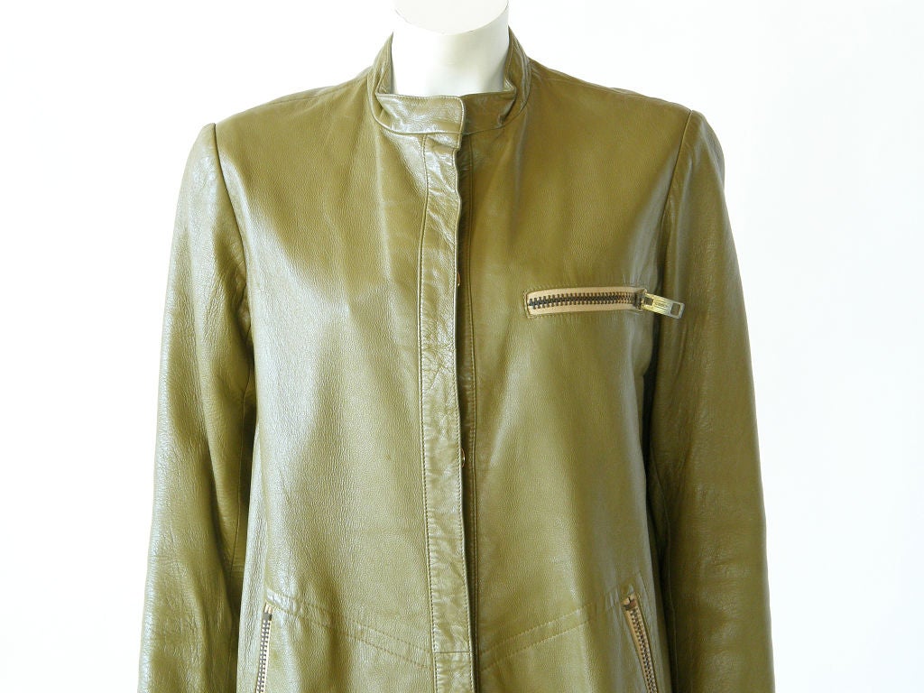 Women's Bonnie Cashin Green Leather Coat for Sills with Giant Zippered Pockets