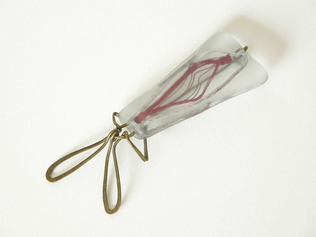 Frances Higgins Fused Glass Brooch with Embedded Brass and Thread In Good Condition For Sale In Chicago, IL