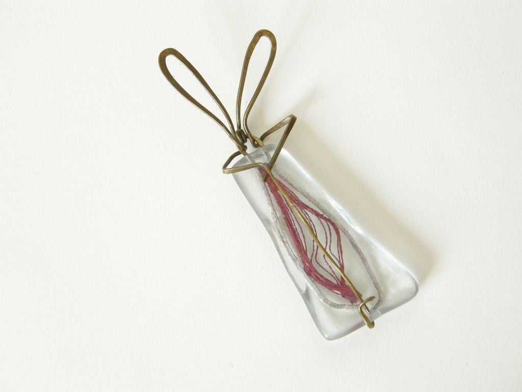 Women's or Men's Frances Higgins Fused Glass Brooch with Embedded Brass and Thread For Sale