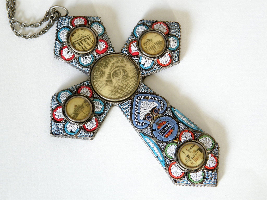 Art Deco Micro Mosaic Cross Pendant Necklace