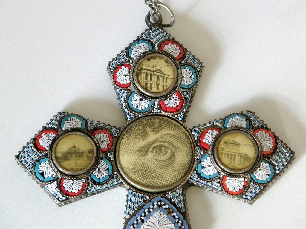 Micro Mosaic Cross Pendant Necklace In Good Condition In Chicago, IL