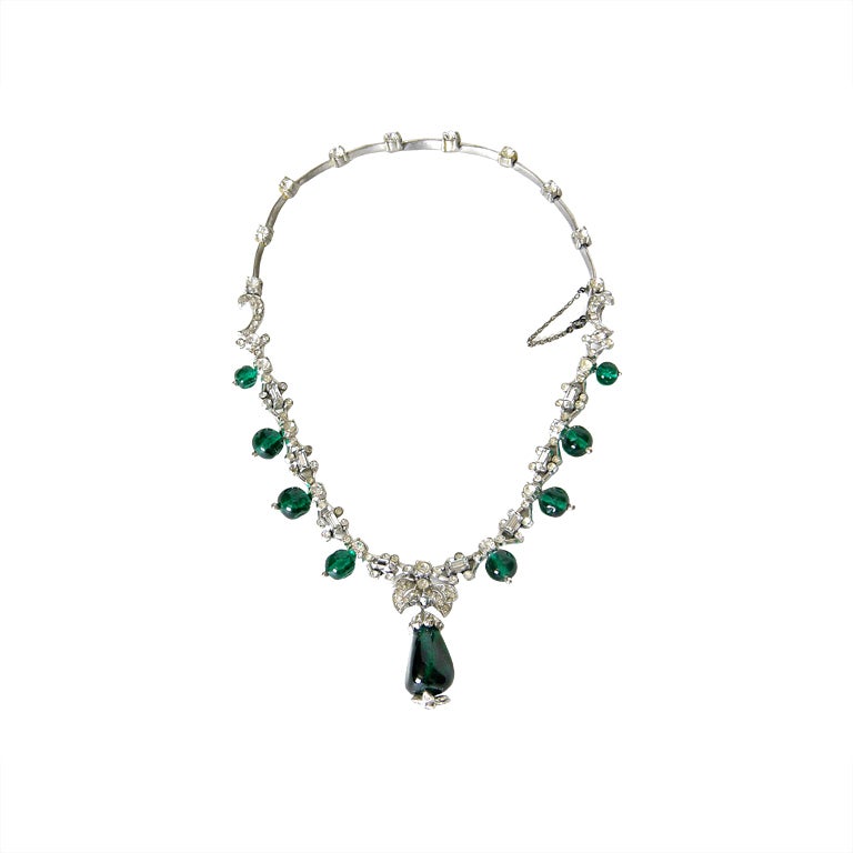 Rhinestone and Faux Emerald Drop Necklace at 1stdibs