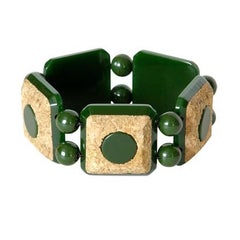 Vintage Green Bakelite and Cork Circles and Squares Link Bracelet
