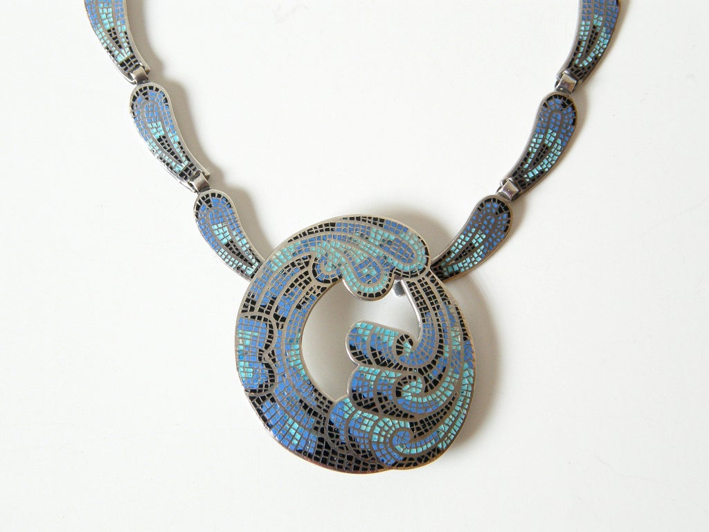 Margot de Taxco Enameled Sterling Necklace and Earrings In Good Condition In Chicago, IL