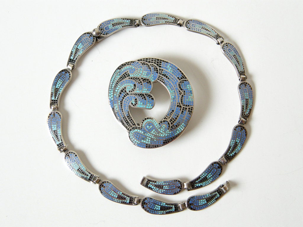 Margot de Taxco Enameled Sterling Necklace and Earrings 1