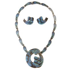 Vintage Margot de Taxco Enameled Sterling Necklace and Earrings