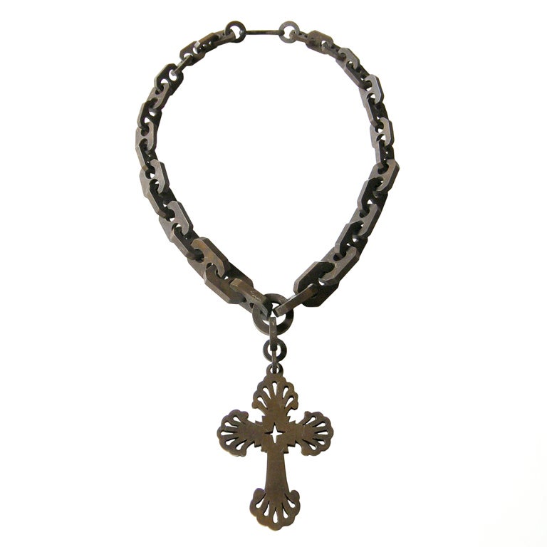 Victorian Gutta Percha Cross Necklace with Graduated Link Chain For Sale